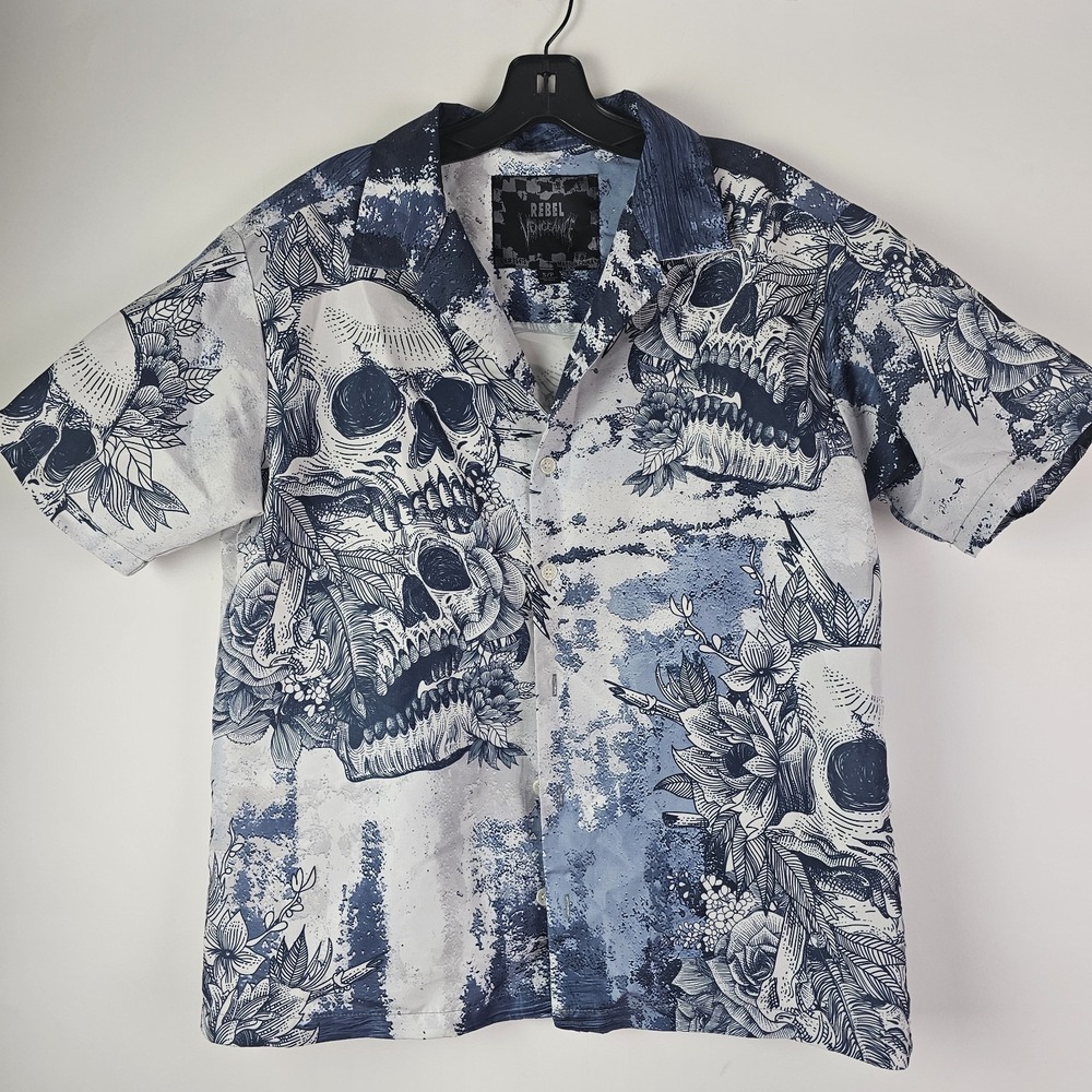 Rebel Vengeance Shirt Mens Small Skull Skeleton Graphic Blue Button Up Polyester